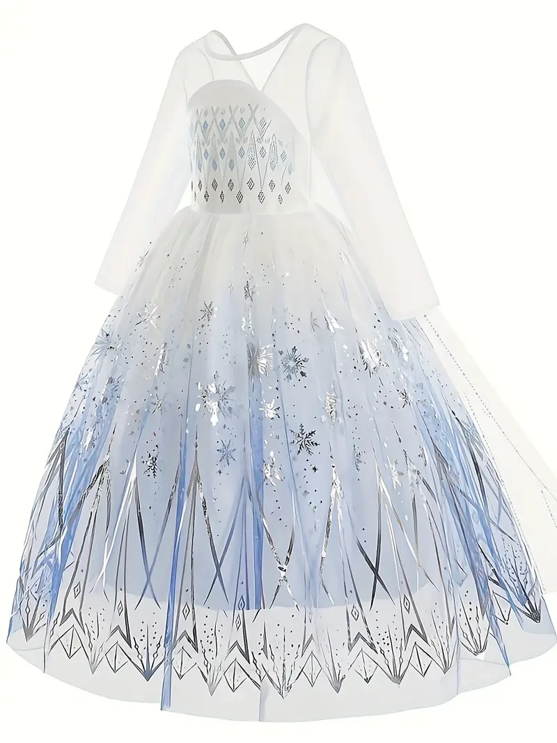 White Ice and Snow Dress for Girls  Themed Princess Gown with Long Sleeve Cape for Parties and Carnivals