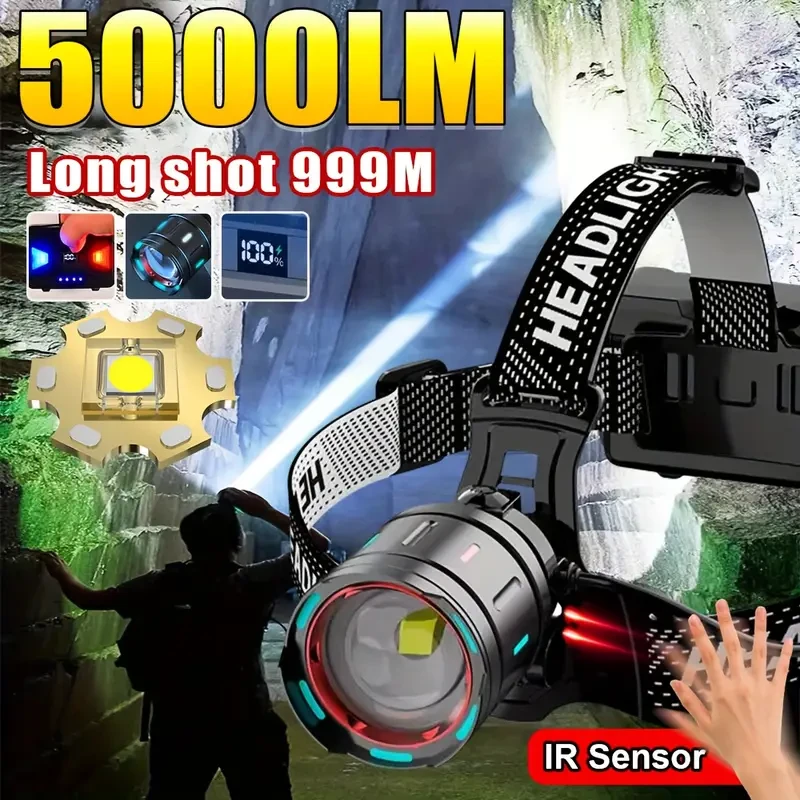 2025 Most Powerful LED Headlamp  5000LM High Brightness, Rechargeable, with 3 Modes for Work, Camping, and Outdoor Adventures