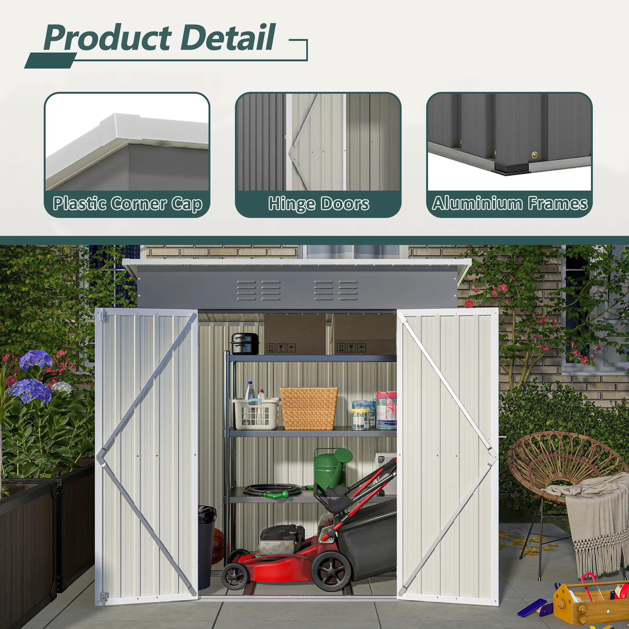 6'x4' Outdoor Metal Storage Shed For Garden Tools Lockable Door With Floor Frame