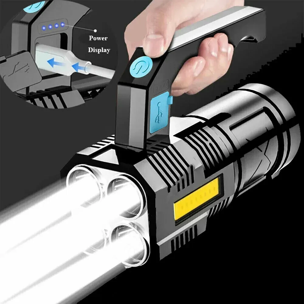 LED Flashlight USB Rechargeable Torch COB Spotlight Camping Light High Lumens Emergency Lamp 4 Modes Waterproof Work Light