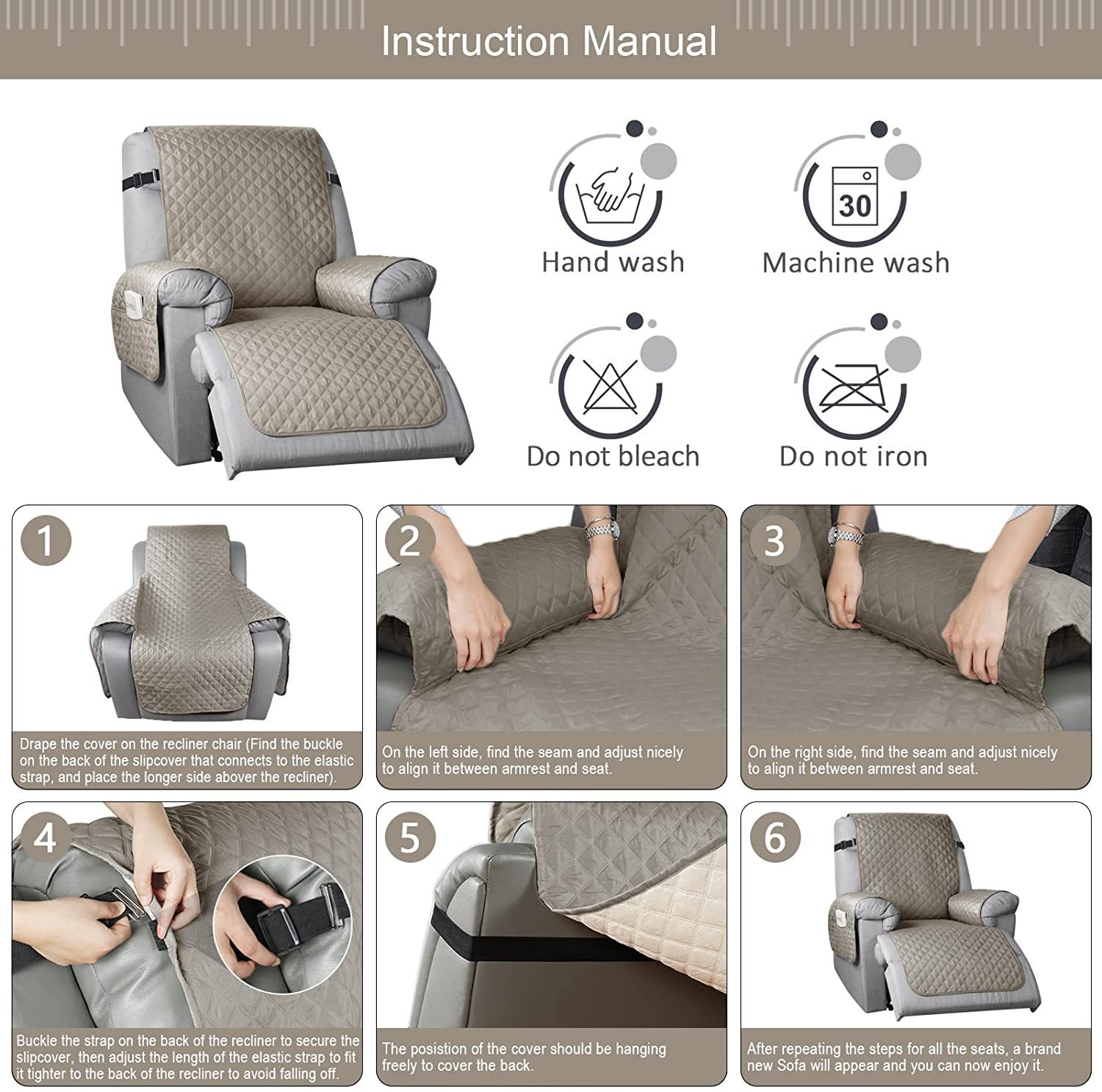 RhombusGuard Waterproof Recliner Slipcover  Non-Slip Stretch Furniture Protector