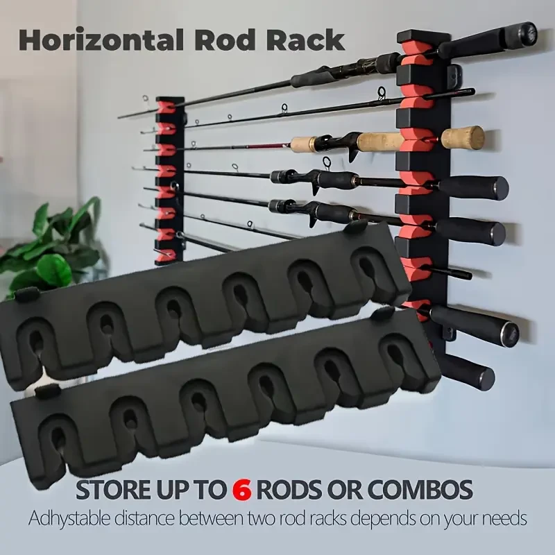HOTU Vertical/Horizontal Fishing Rod Holder  Wall-Mounted Storage Rack for 6 Rods