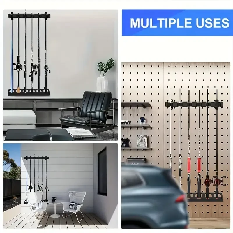 HOTU Vertical/Horizontal Fishing Rod Holder  Wall-Mounted Storage Rack for 6 Rods