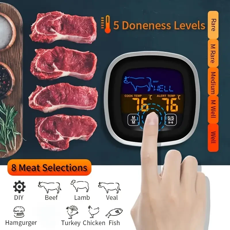 HOTU Digital Meat Thermometer Precision Cooking with Touch Screen & Timer