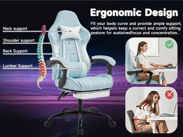Gaming Chair, Computer Chair Ergonomic Chair With Footrest Office Chair Ergonomic Computer Chair With Lumbar Backrest Bluewhite