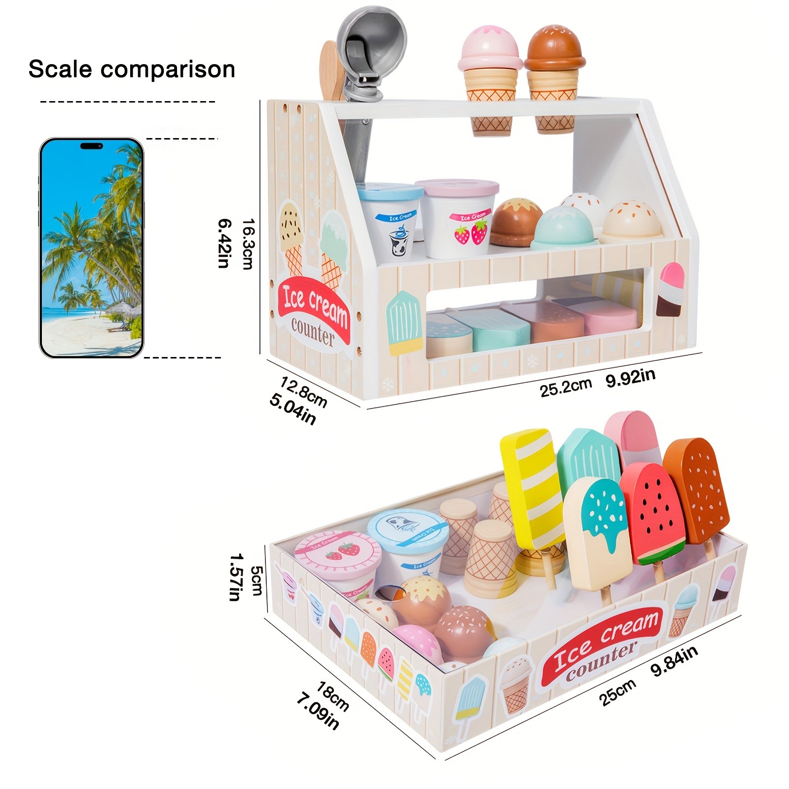 GENAI Ice Cream Counter Playset for Kids  Wooden Pretend Play Ice Cream Shop Fun