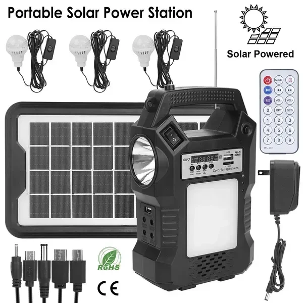 Portable Solar Power Station Rechargeable Backup Power Bank W/Flashlight 3 Lighting Bulbs For Camping Outage Garden Lamp