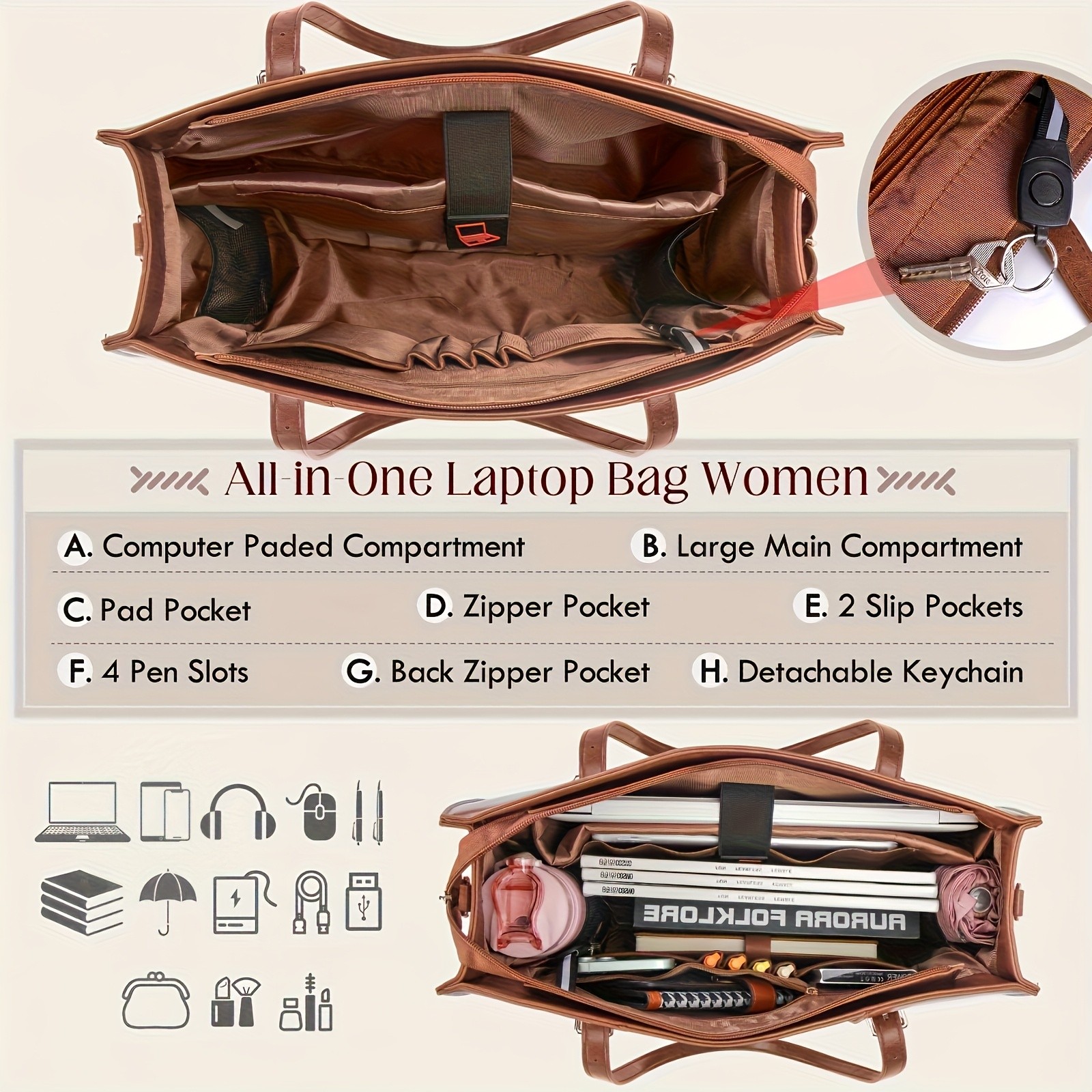 RAINSMORE Luxurious 39.62cm Womens Laptop Tote  Vintage Elegance Meets Modern Professional Functionality