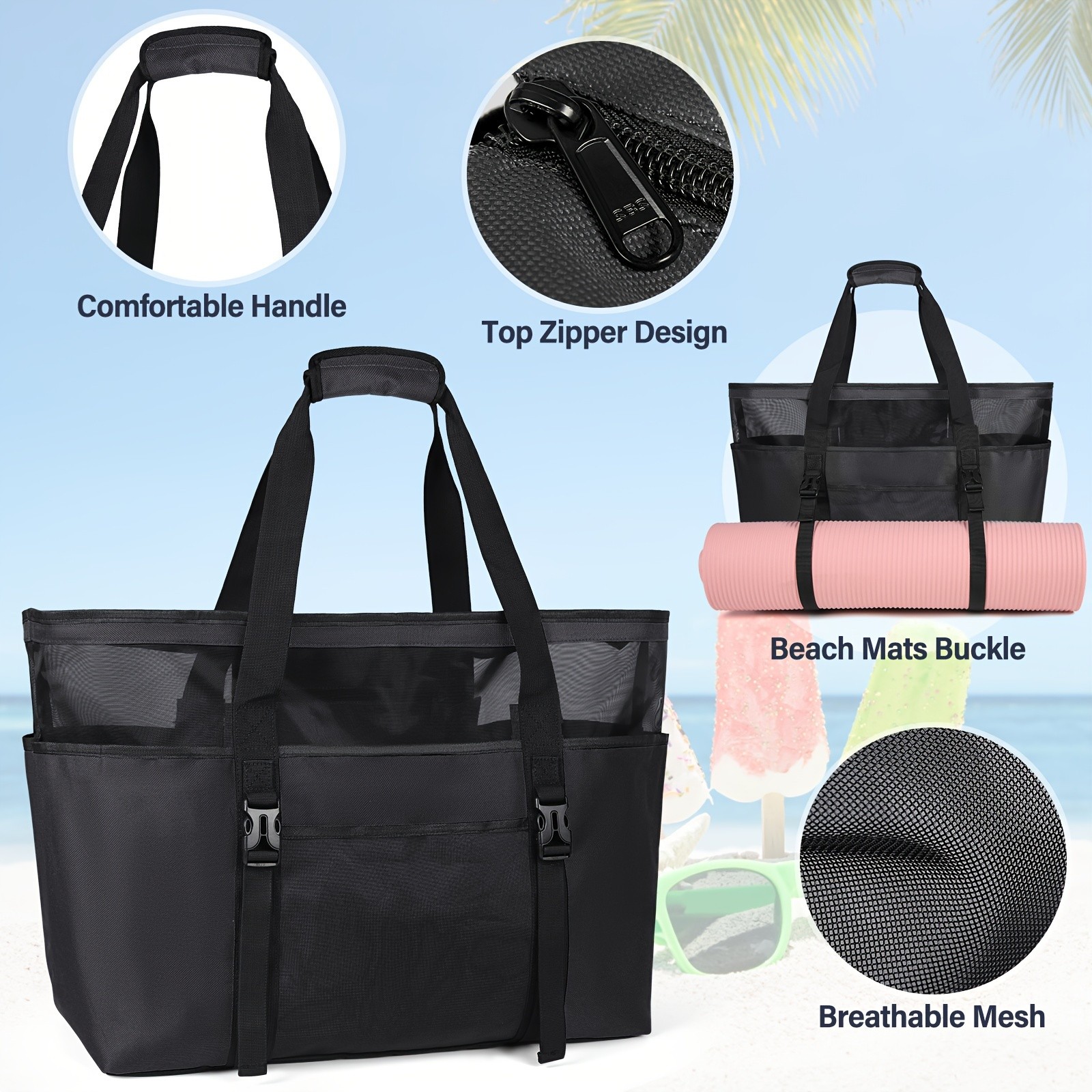 RAINSMORE Large Capacity Beach Tote  Spacious, Durable & Perfect for Family Beach Adventures