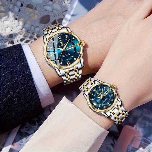 POEDAGAR His & Hers Matching Couple Watches  Elegant Blue & Gold Timepieces for Timeless Love
