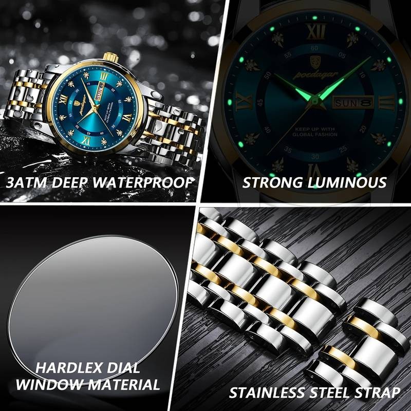 POEDAGAR His & Hers Matching Couple Watches  Elegant Blue & Gold Timepieces for Timeless Love