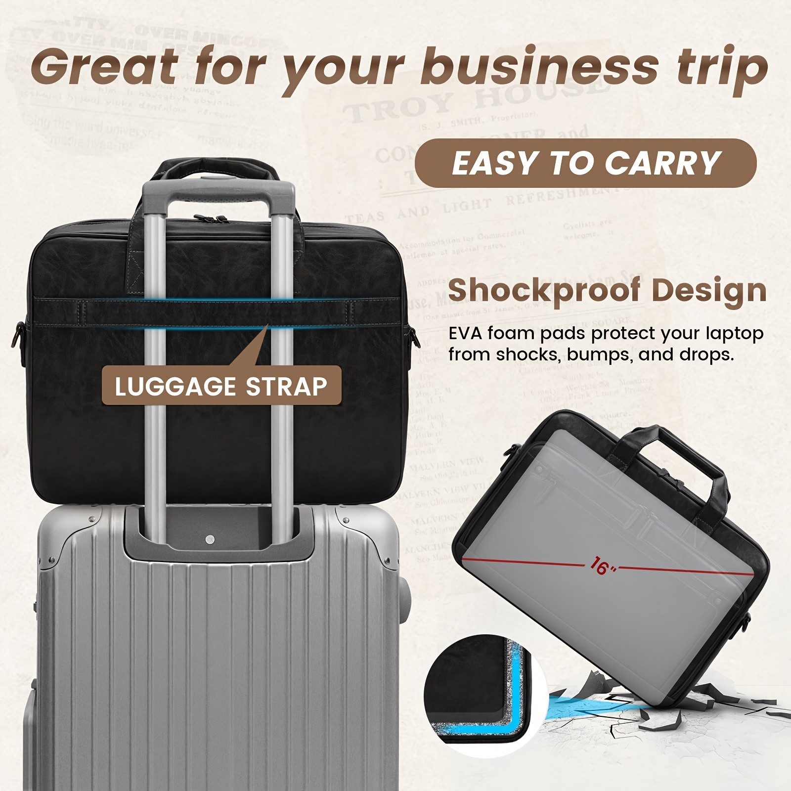 RAINSMORE Mens 16-Inch Laptop Bag  Retro PU Leather Briefcase for Work, Business & Travel