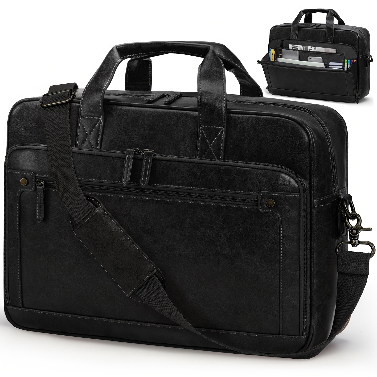 RAINSMORE Mens 16-Inch Laptop Bag  Retro PU Leather Briefcase for Work, Business & Travel