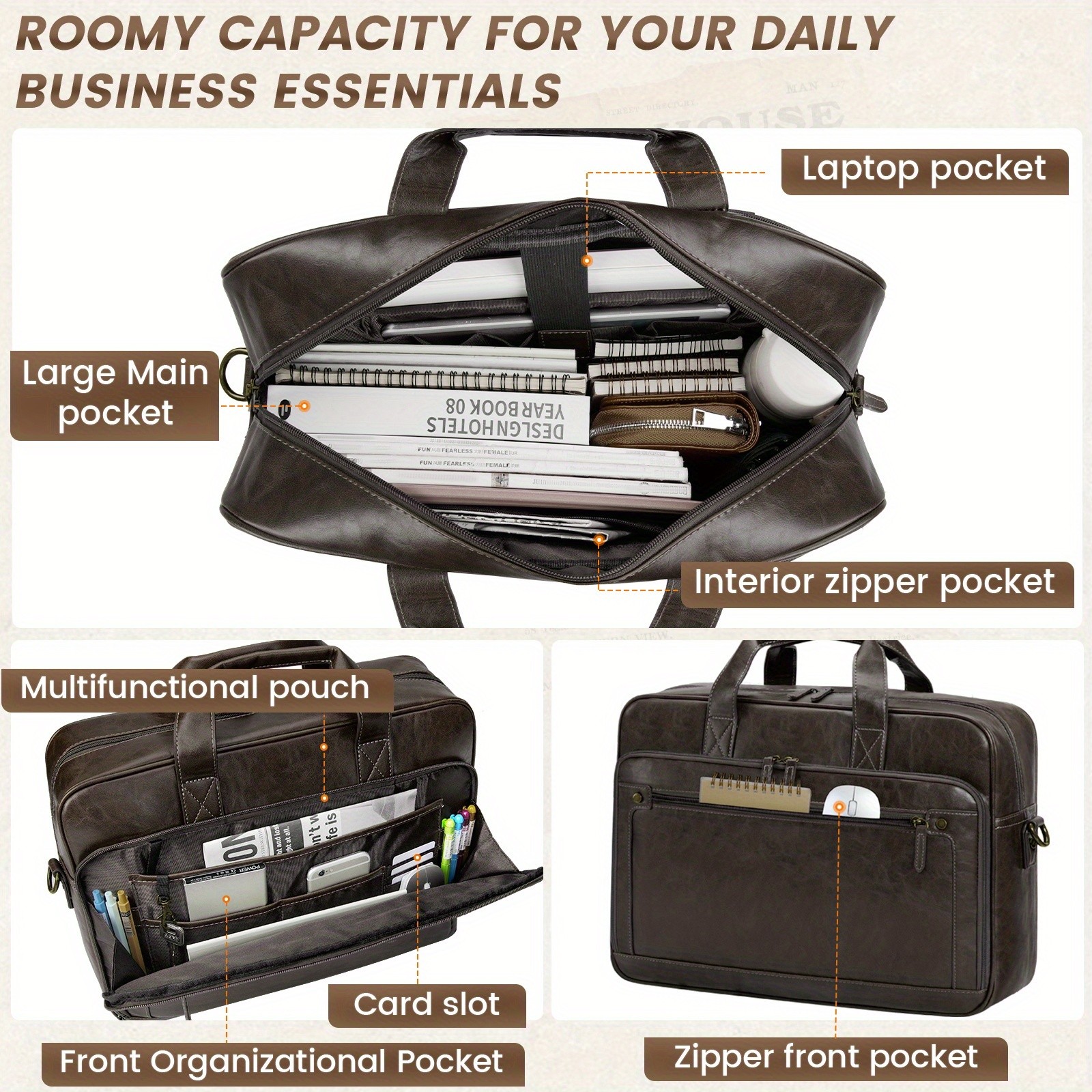 RAINSMORE Mens 16-Inch Laptop Bag  Retro PU Leather Briefcase for Work, Business & Travel