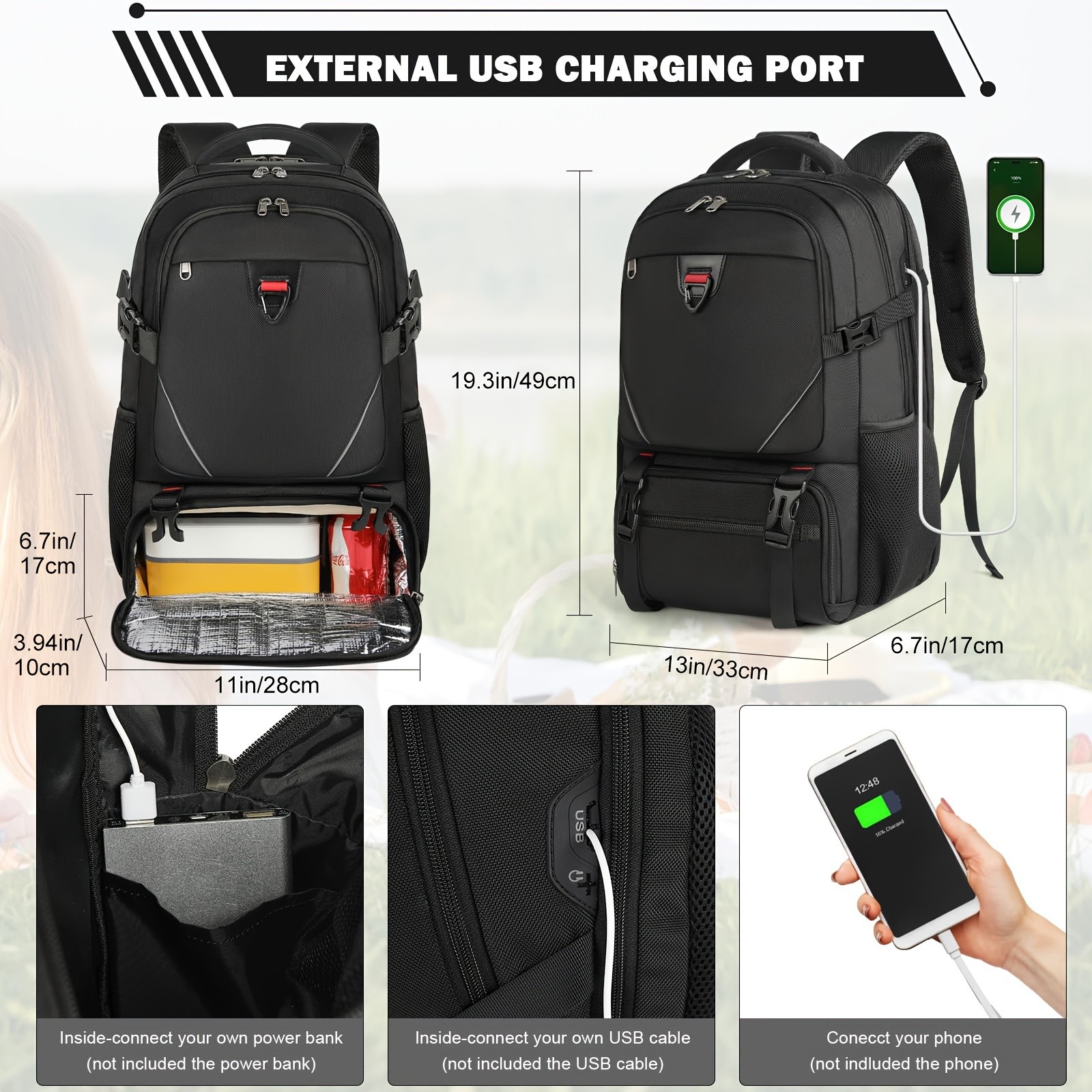 RAINSMORE 43.94 cm Laptop Backpack  USB Charging, Lunch Compartment & Heavy-Duty Design for Work & Travel