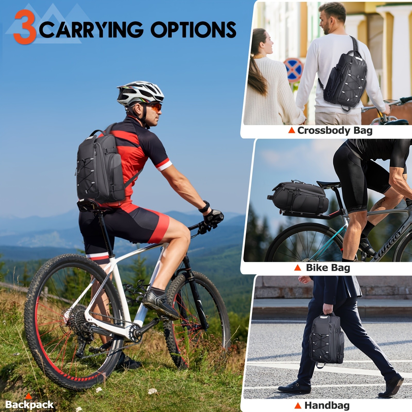 NUBILY 3-in-1 Bicycle Rear Rack Bag  15L Durable Oxford Storage with Rain Cover & Reflective Safety