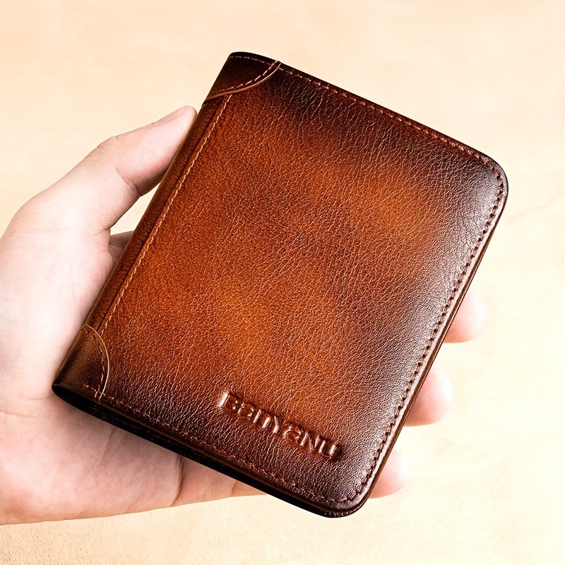 BANYANU Mens Genuine Leather Short Wallet  Brown Three-Fold Casual Wallet with Multi-Card Holder & Anti-Theft Protection