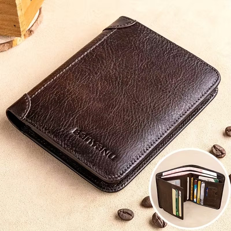 BANYANU Mens Genuine Leather Short Wallet  Brown Three-Fold Casual Wallet with Multi-Card Holder & Anti-Theft Protection