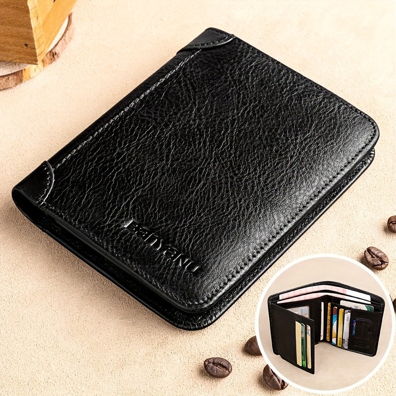 BANYANU Mens Genuine Leather Short Wallet  Brown Three-Fold Casual Wallet with Multi-Card Holder & Anti-Theft Protection