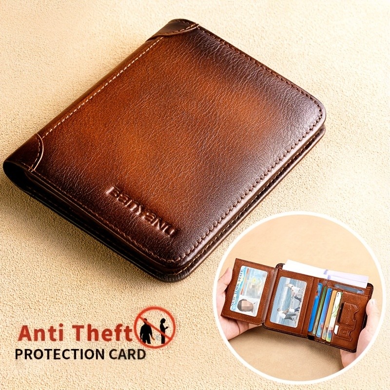 BANYANU Mens Genuine Leather Short Wallet  Brown Three-Fold Casual Wallet with Multi-Card Holder & Anti-Theft Protection