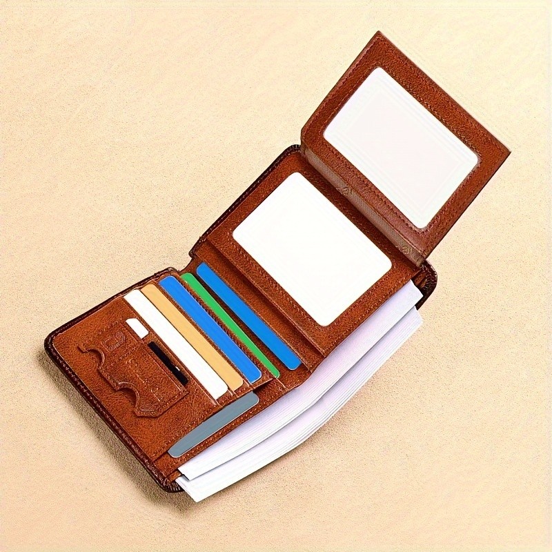 BANYANU Mens Genuine Leather Short Wallet  Brown Three-Fold Casual Wallet with Multi-Card Holder & Anti-Theft Protection