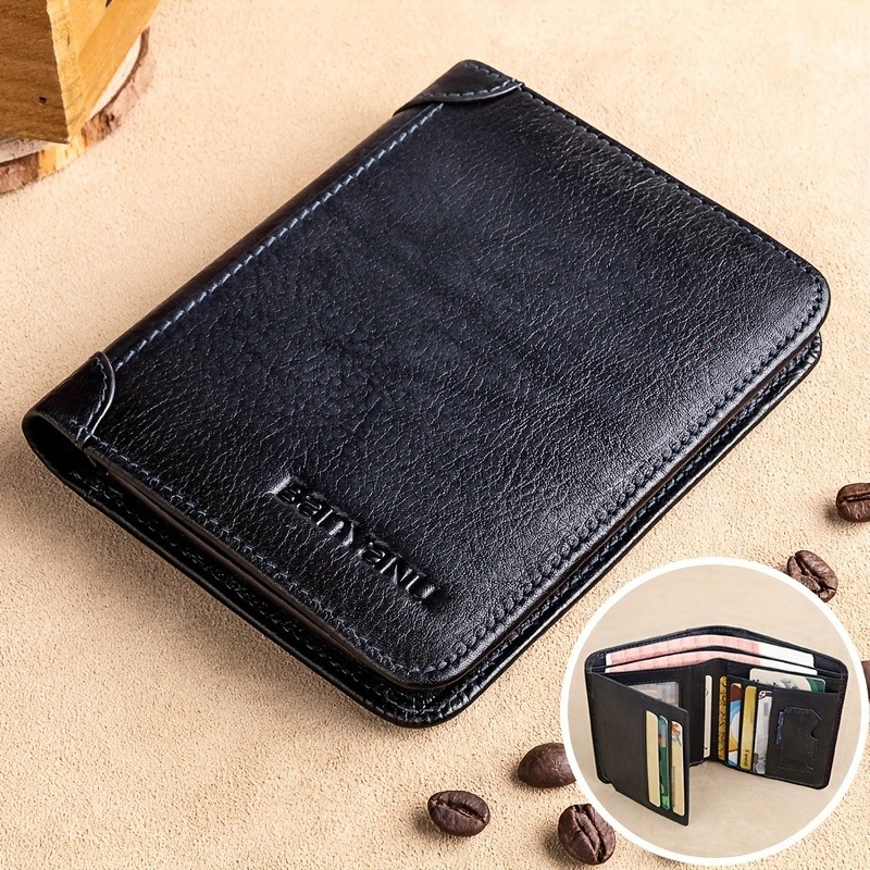 BANYANU Mens Genuine Leather Short Wallet  Brown Three-Fold Casual Wallet with Multi-Card Holder & Anti-Theft Protection