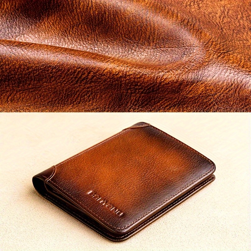BANYANU Mens Genuine Leather Short Wallet  Brown Three-Fold Casual Wallet with Multi-Card Holder & Anti-Theft Protection