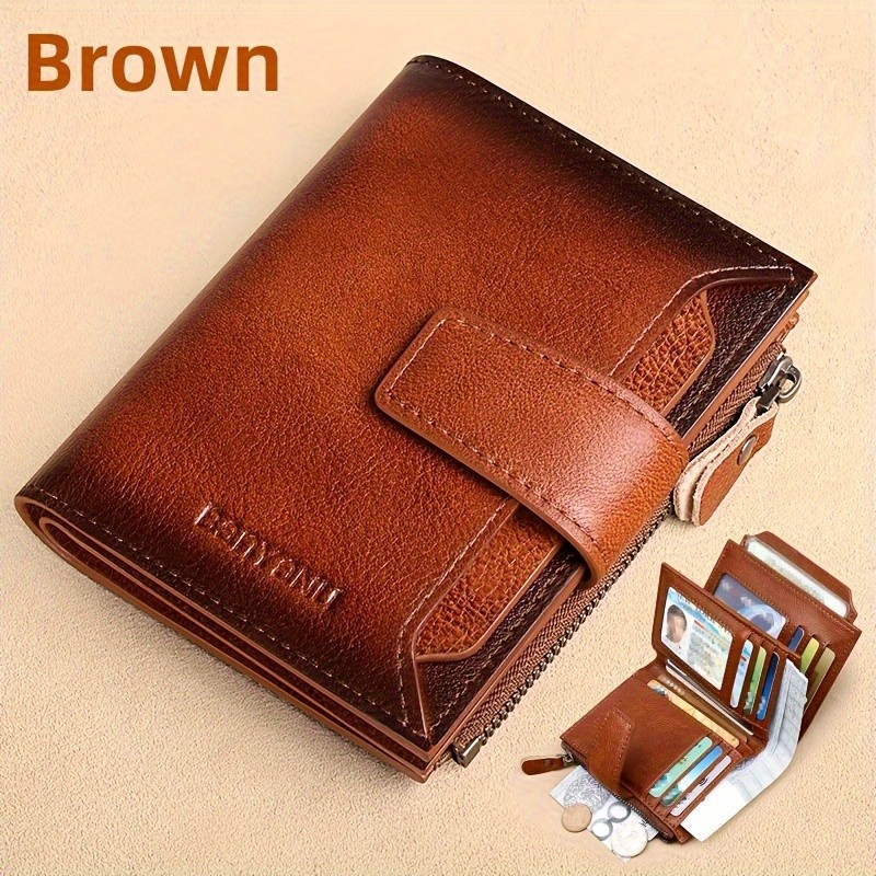 BANYANU Mens Genuine Leather Wallet  Slim Vertical RFID-Blocking Wallet with Zipper Closure & Multi-Card Storage
