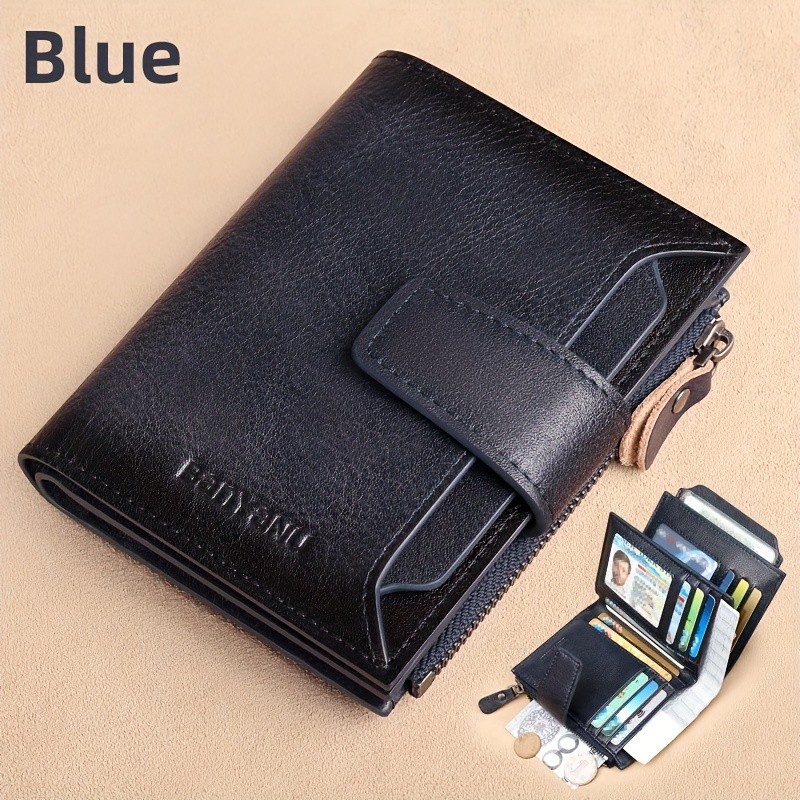 BANYANU Mens Genuine Leather Wallet  Slim Vertical RFID-Blocking Wallet with Zipper Closure & Multi-Card Storage