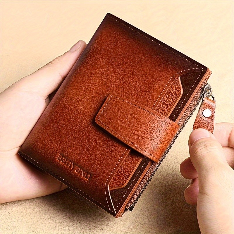 BANYANU Mens Genuine Leather Wallet  Slim Vertical RFID-Blocking Wallet with Zipper Closure & Multi-Card Storage