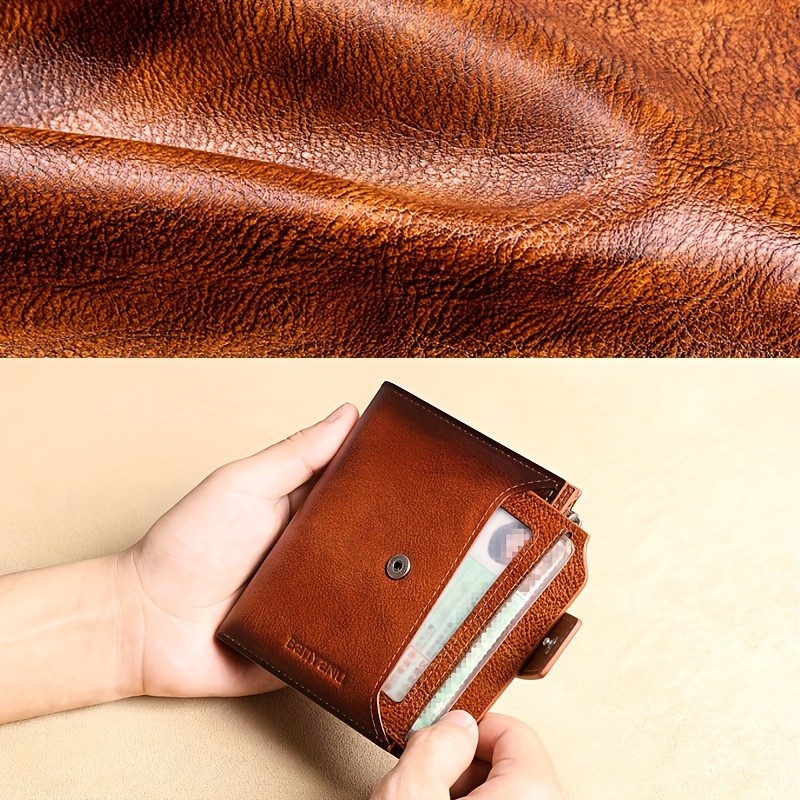 BANYANU Mens Genuine Leather Wallet  Slim Vertical RFID-Blocking Wallet with Zipper Closure & Multi-Card Storage