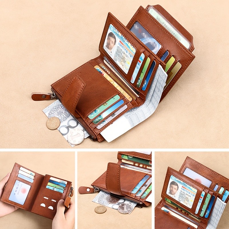 BANYANU Mens Genuine Leather Wallet  Slim Vertical RFID-Blocking Wallet with Zipper Closure & Multi-Card Storage