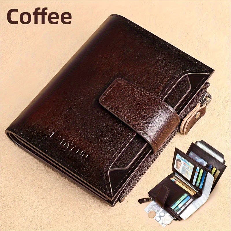 BANYANU Mens Genuine Leather Wallet  Slim Vertical RFID-Blocking Wallet with Zipper Closure & Multi-Card Storage