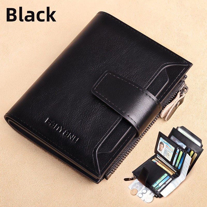 BANYANU Mens Genuine Leather Wallet  Slim Vertical RFID-Blocking Wallet with Zipper Closure & Multi-Card Storage