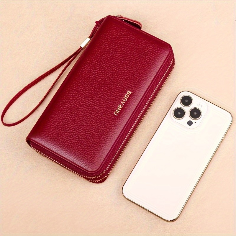 BANYANU Womens Elegant Genuine Leather Wallet with Wristlet  Large Capacity RFID-Blocking Double-Zip Clutch (Guangzhou Edition)