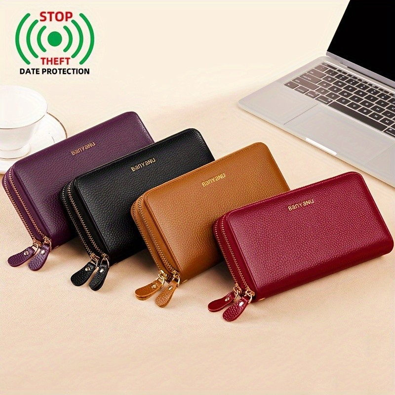 BANYANU Womens Elegant Genuine Leather Wallet with Wristlet  Large Capacity RFID-Blocking Double-Zip Clutch (Guangzhou Edition)