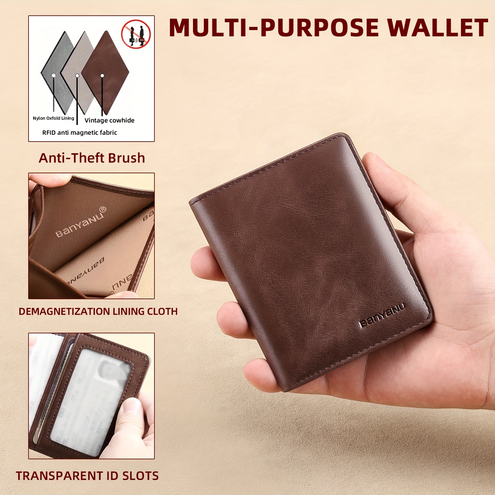 BANYANU Vintage Genuine Leather Mens Wallet  Slim Top-Layer Cowhide with Multi-Card Holder & Secure Snap Closure
