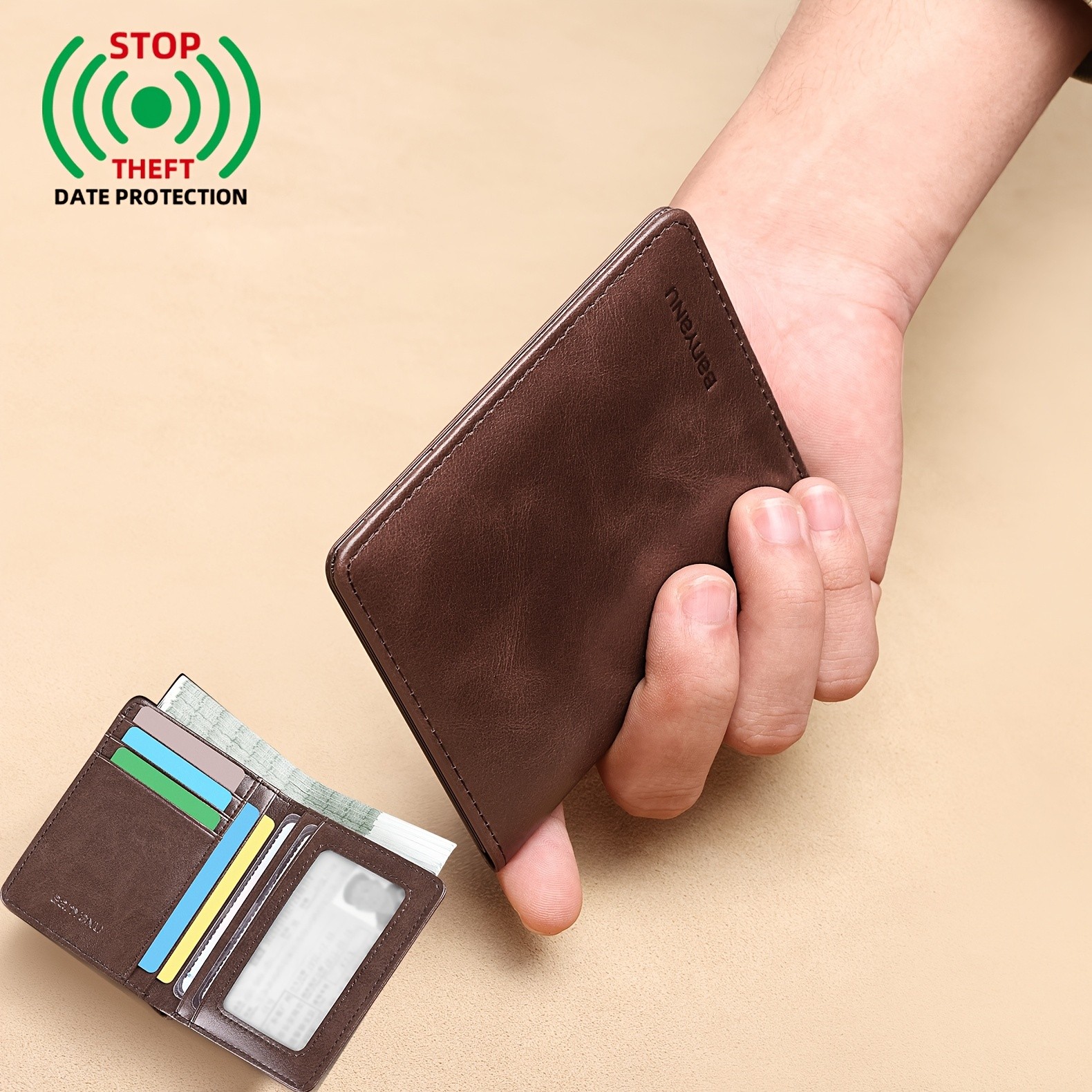 BANYANU Vintage Genuine Leather Mens Wallet  Slim Top-Layer Cowhide with Multi-Card Holder & Secure Snap Closure