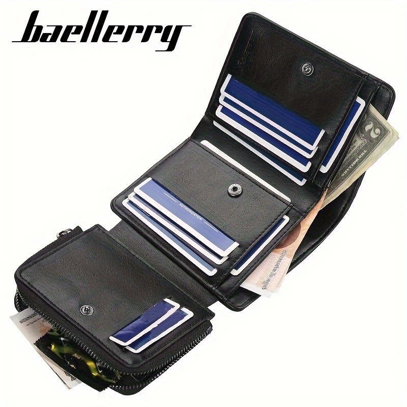 BAELLERRY Mens 13-Card Vintage Tri-Fold Buckle Wallet  Faux Leather with Zipper Coin Purse