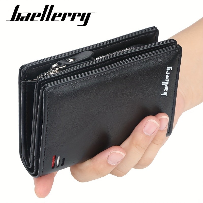 BAELLERRY Mens Business Retro Short Wallet  PU Leather Multi-Card Wallet with Buckle & Zipper Bank Card Holder