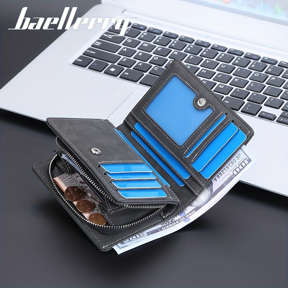 BAELLERRY Mens Business Retro Short Wallet  PU Leather Multi-Card Wallet with Buckle & Zipper Bank Card Holder