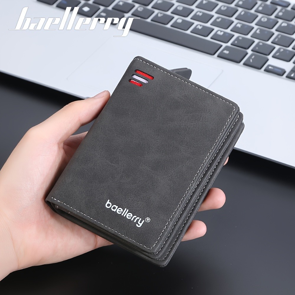BAELLERRY Mens Business Retro Short Wallet  PU Leather Multi-Card Wallet with Buckle & Zipper Bank Card Holder