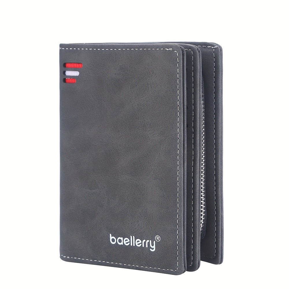 BAELLERRY Mens Business Retro Short Wallet  PU Leather Multi-Card Wallet with Buckle & Zipper Bank Card Holder