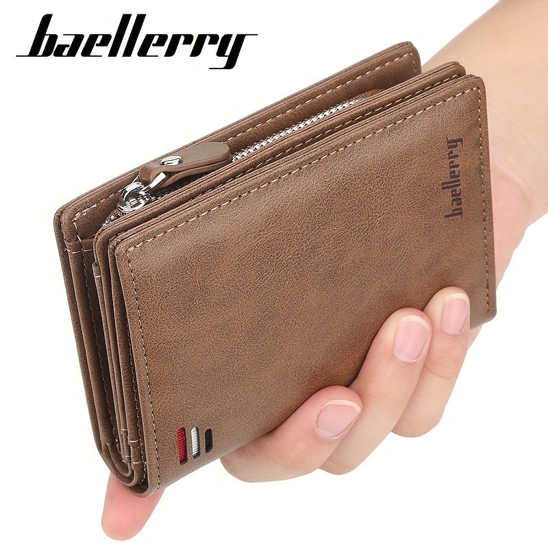 BAELLERRY Mens Business Retro Short Wallet  PU Leather Multi-Card Wallet with Buckle & Zipper Bank Card Holder