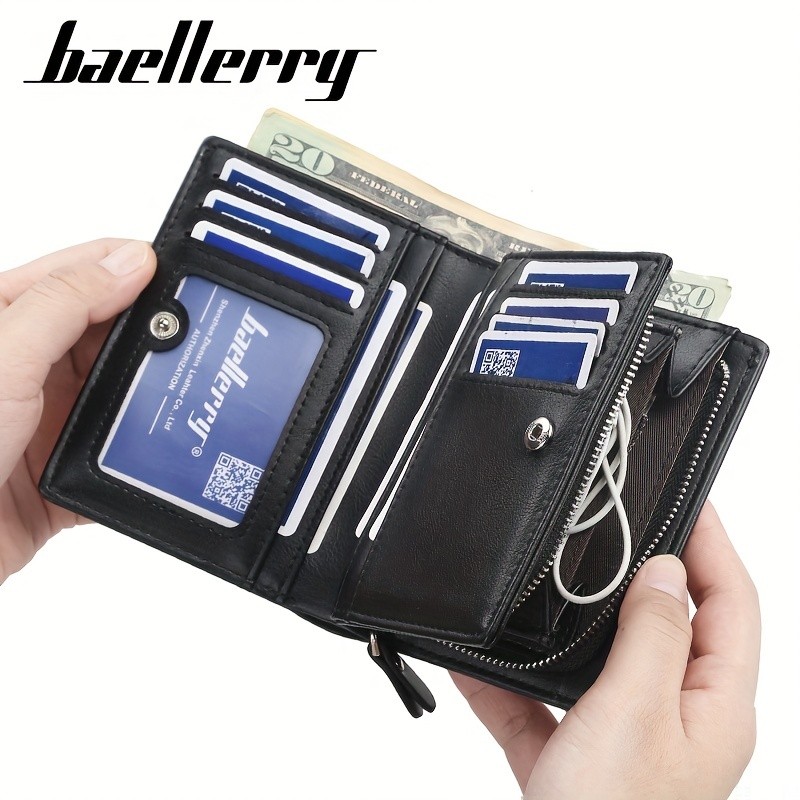 BAELLERRY Mens Business Retro Short Wallet  PU Leather Multi-Card Wallet with Buckle & Zipper Bank Card Holder