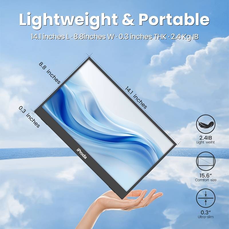 IPRODA 15.6" Portable Monitor  Full HD IPS Display for Gaming, Travel & Productivity