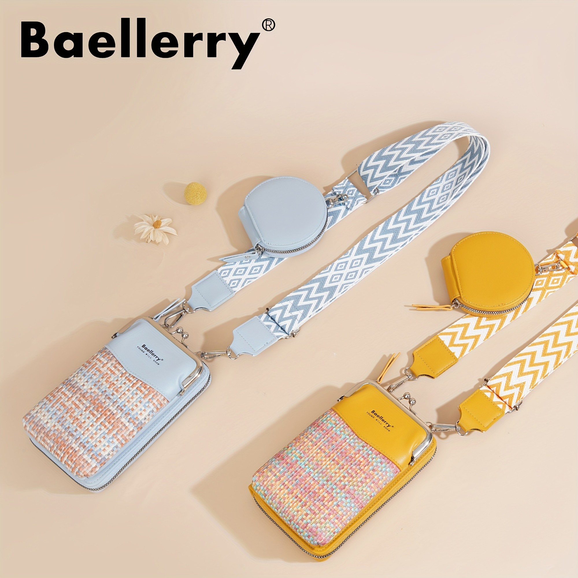 BAELLERRY Womens Mini Crossbody Bag  Stylish Synthetic Shoulder Bag with Vibrant Yellow & Orange Zigzag Strap