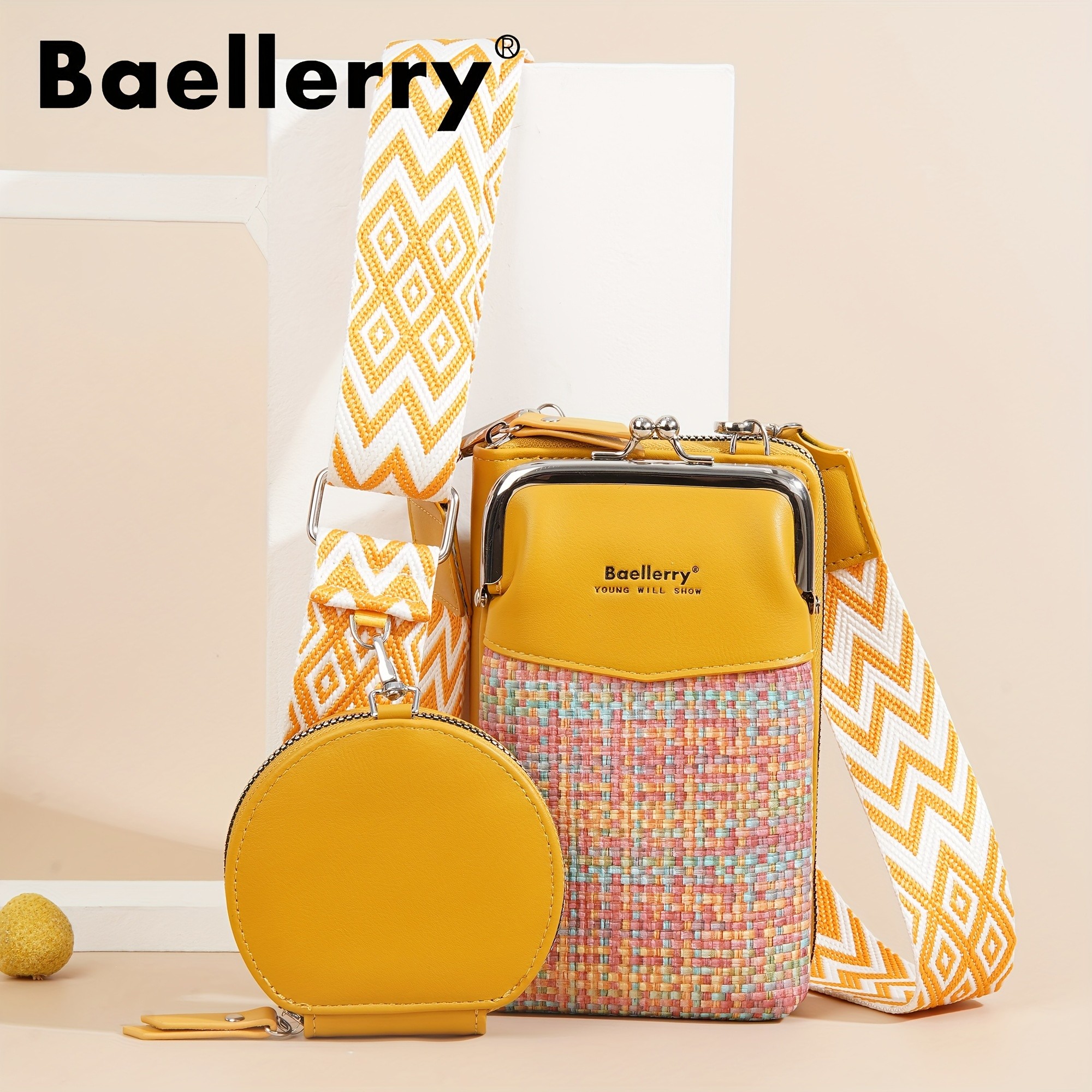 BAELLERRY Womens Mini Crossbody Bag  Stylish Synthetic Shoulder Bag with Vibrant Yellow & Orange Zigzag Strap