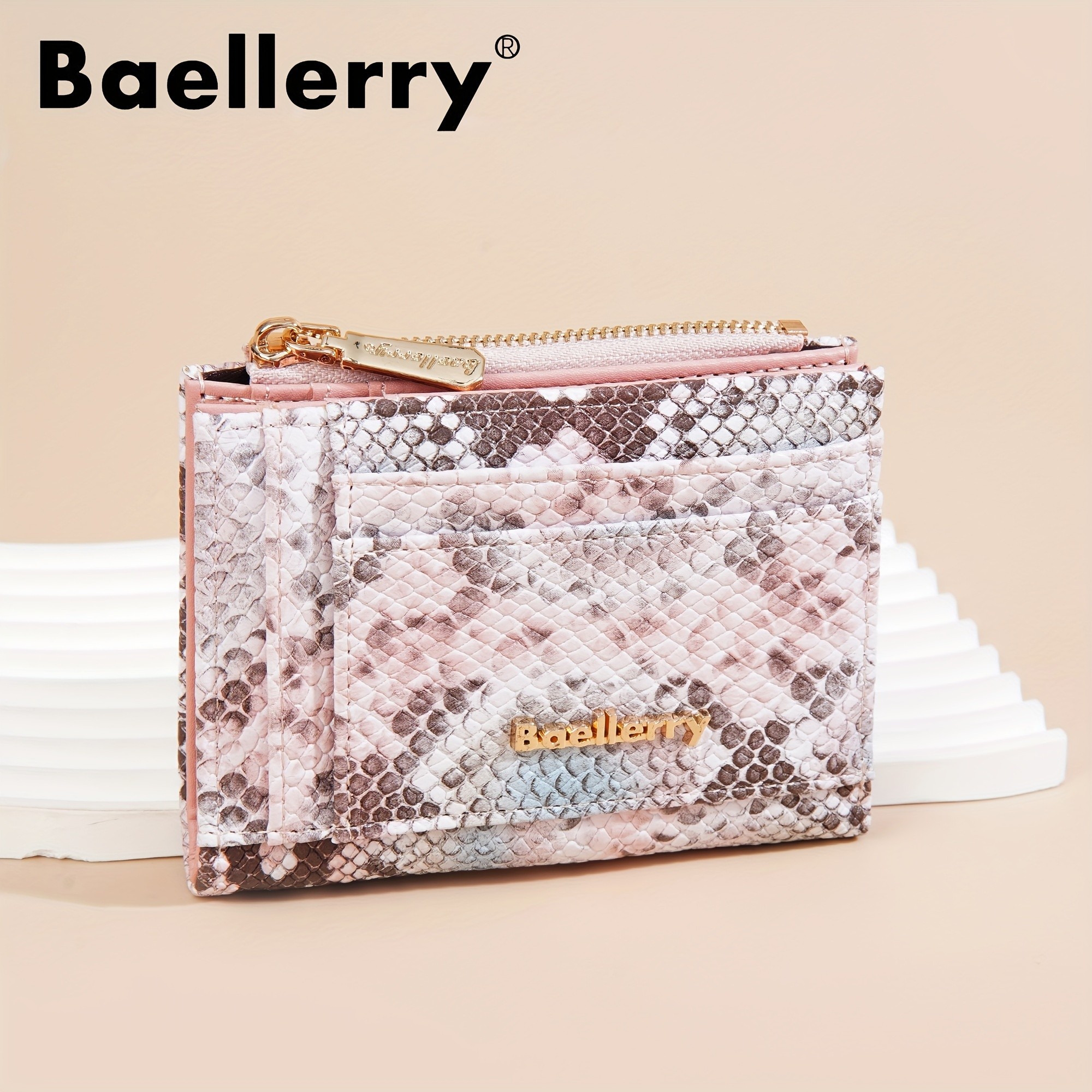 BAELLERRY Mini Womens Wallet  Snake Pattern Short Wallet with Multi-Card Slots, Press Buckle, Money Clip & Zipper Coin Purse