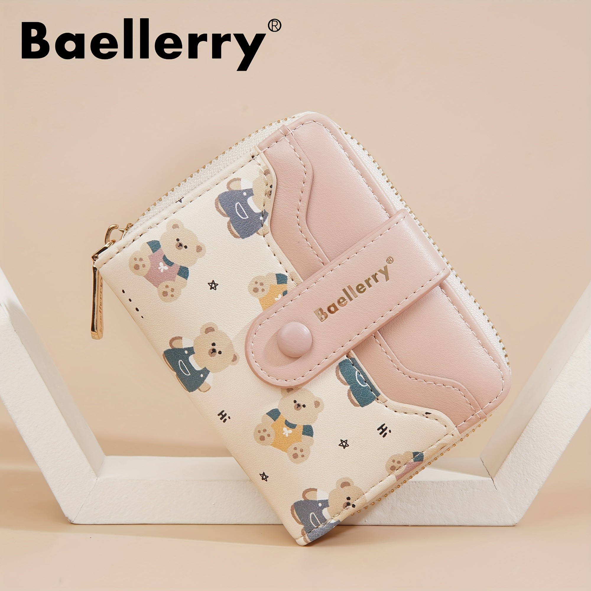 BAELLERRY Mini Womens Wallet  Short Bear Cartoon Print Wallet with Button Closure, Card Slots & Zipper Coin Purse